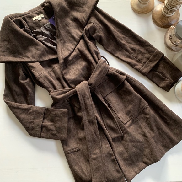 NWT Dark Brown Faux Wool Wrap-Tie Coat - Picture 10 of 13